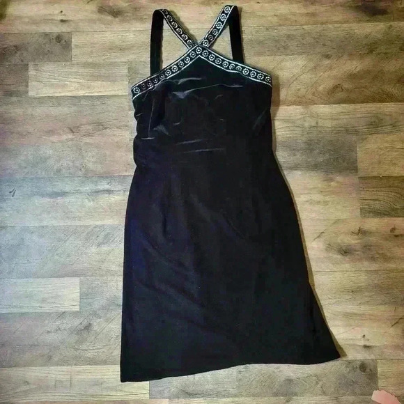Vintage 90's Papell Botique Black Velvet Dress With Silver Embroidery 8 - Picture 1 of 7